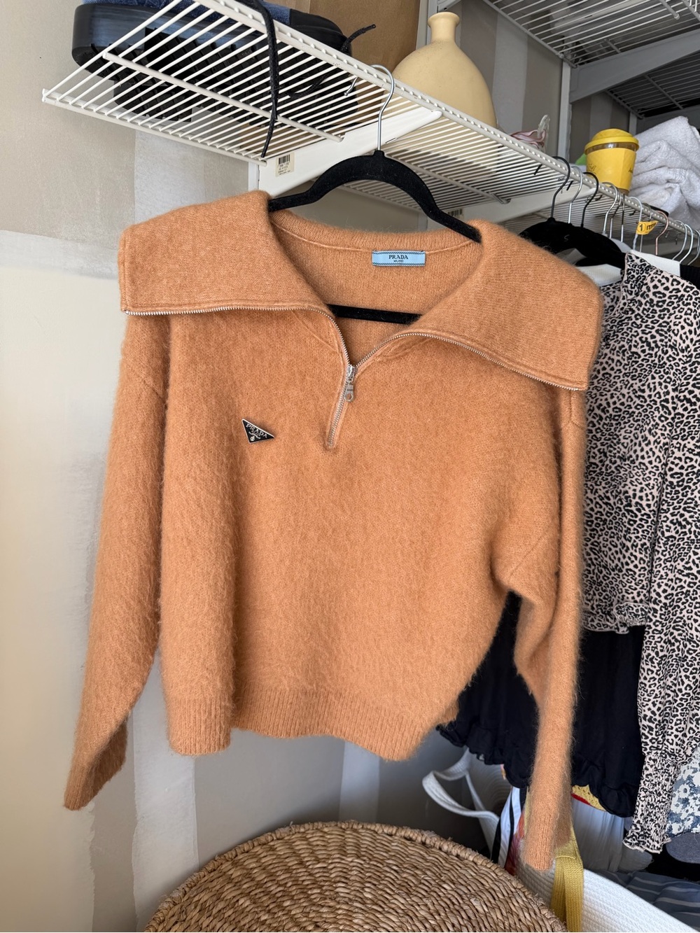 Prada Peach-Tan Mohair Blend Zip-Collar Sweater